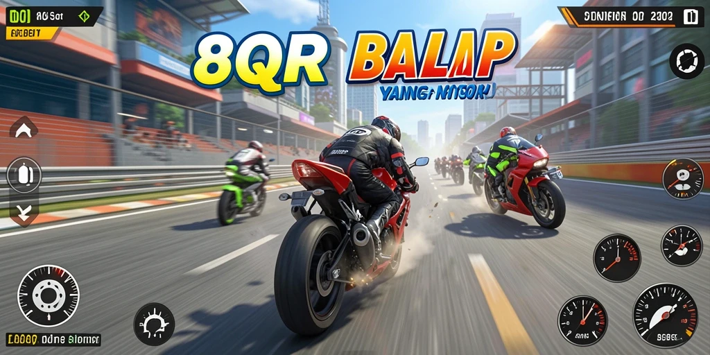 Tampilan gameplay seru dari 8QR dengan balapan motor yang mendebarkan.