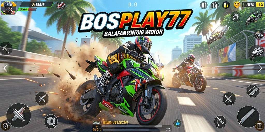 Tampilan gameplay menegangkan dari BOSPLAY77 saat balapan motor.