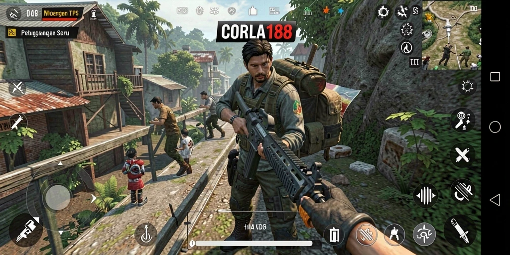 Screenshot gameplay CORLA188 menampilkan aksi mendebarkan di medan perang TPS.